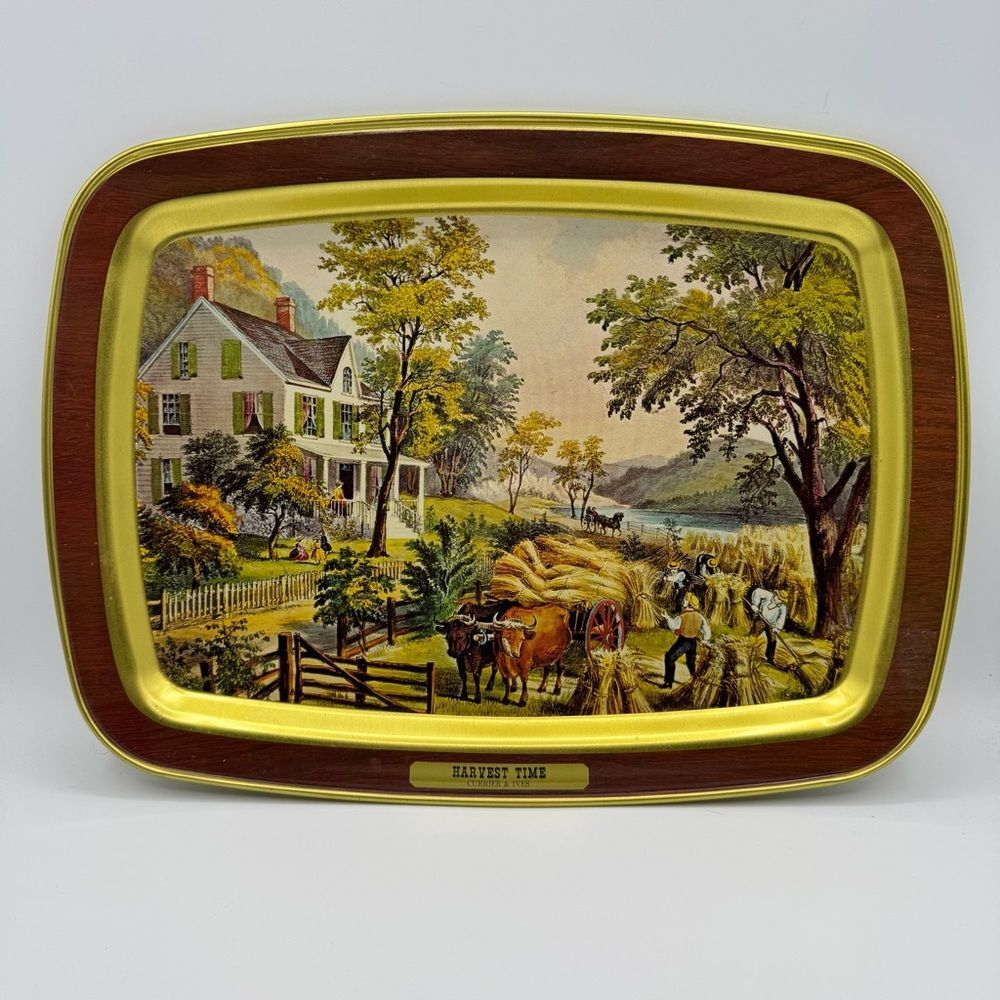 Vintage Currier and Ives Tray Metal Serving Harvest Time American Homestead